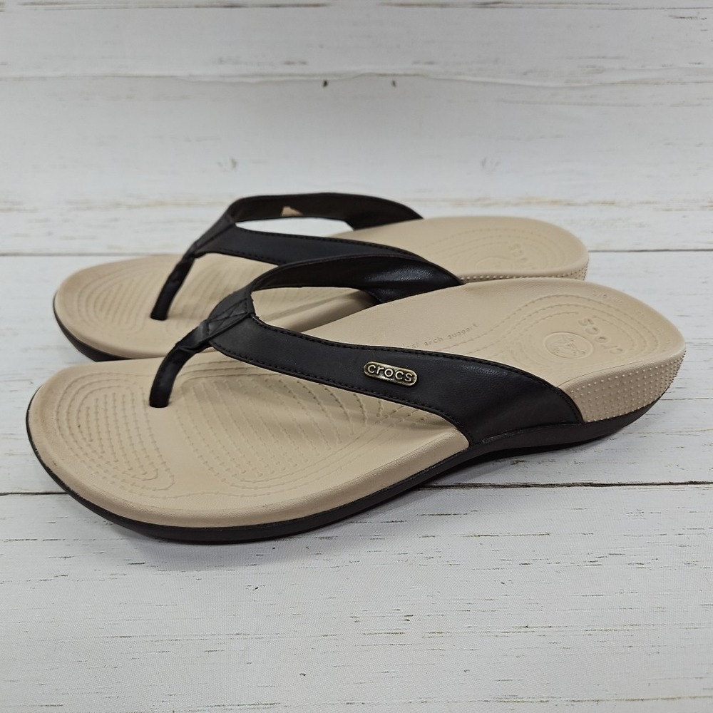 Crocs Ella Comfort Path Flip Flop Sandals Women 10 Toe Post Leather Brown 200028